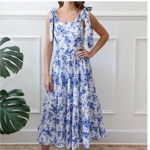 Mille Daphne Blue Bouquet Floral Midi Dress Sz S